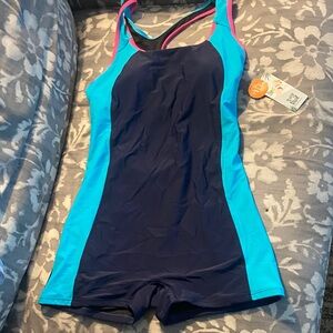 Navy & Turquoise Athletic Swim Romper with Pink Trim